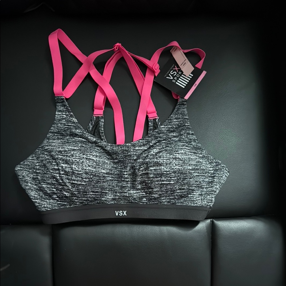 VSX Gray Pink Sports Bra Moisture-Wicking Cross-Back